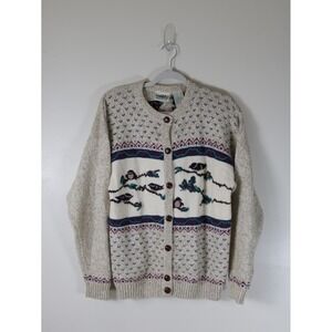 Northern Reflections Vintage Bird Cardigan Sweater Oatmeal Wool Blend Large 400